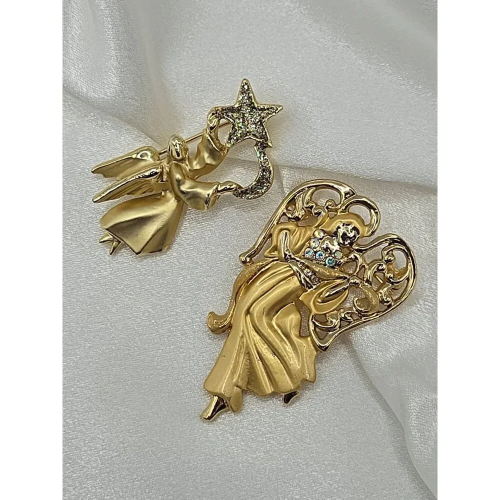 Festive Joy Holiday Gold Tone Angels Religious Faith Christian Brooch Pins‎ 2PC